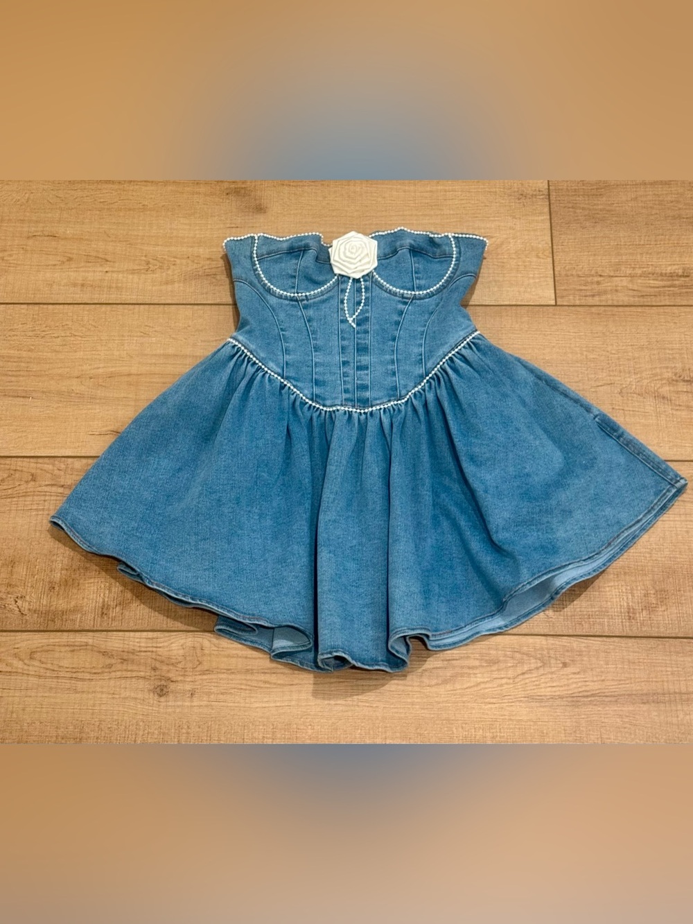 Lovers +Friends Hana Mini Dress NWT Strapless Denim Corset Mini Pearls Size M